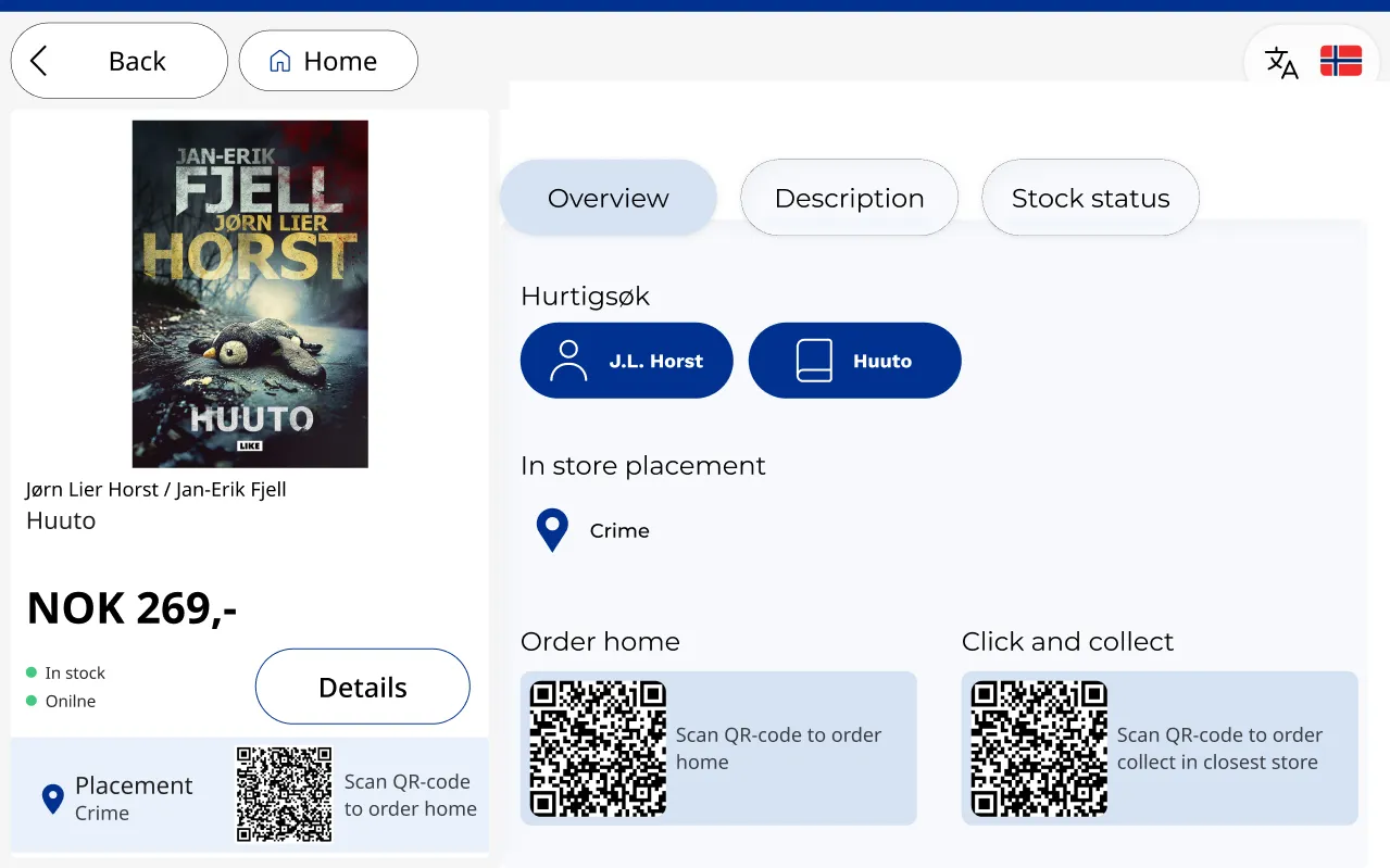 Woopz product page for a crime novel: price, stock status, in-store placement, quick search and QR codes to order home or click and collect