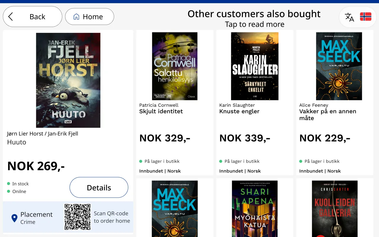 Woopz recommendations page: other customers also bought, with six related crime novels, prices and in-store stock
